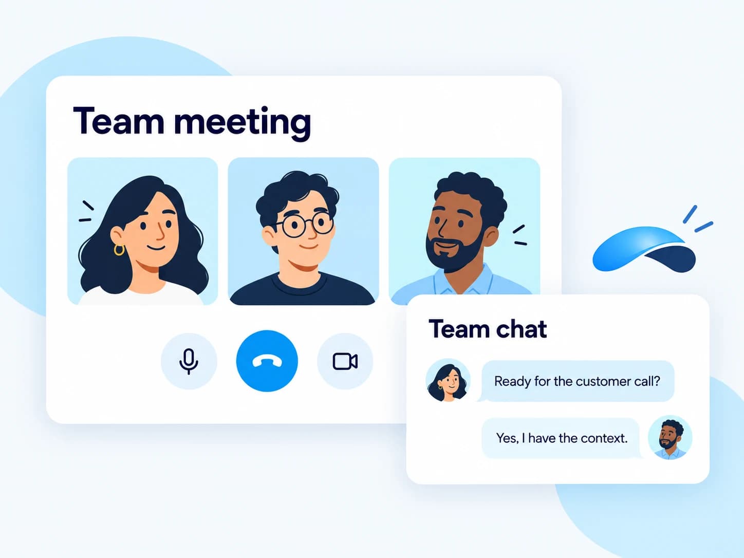 An illustrated team meeting alongside a team chat about an upcoming customer call.